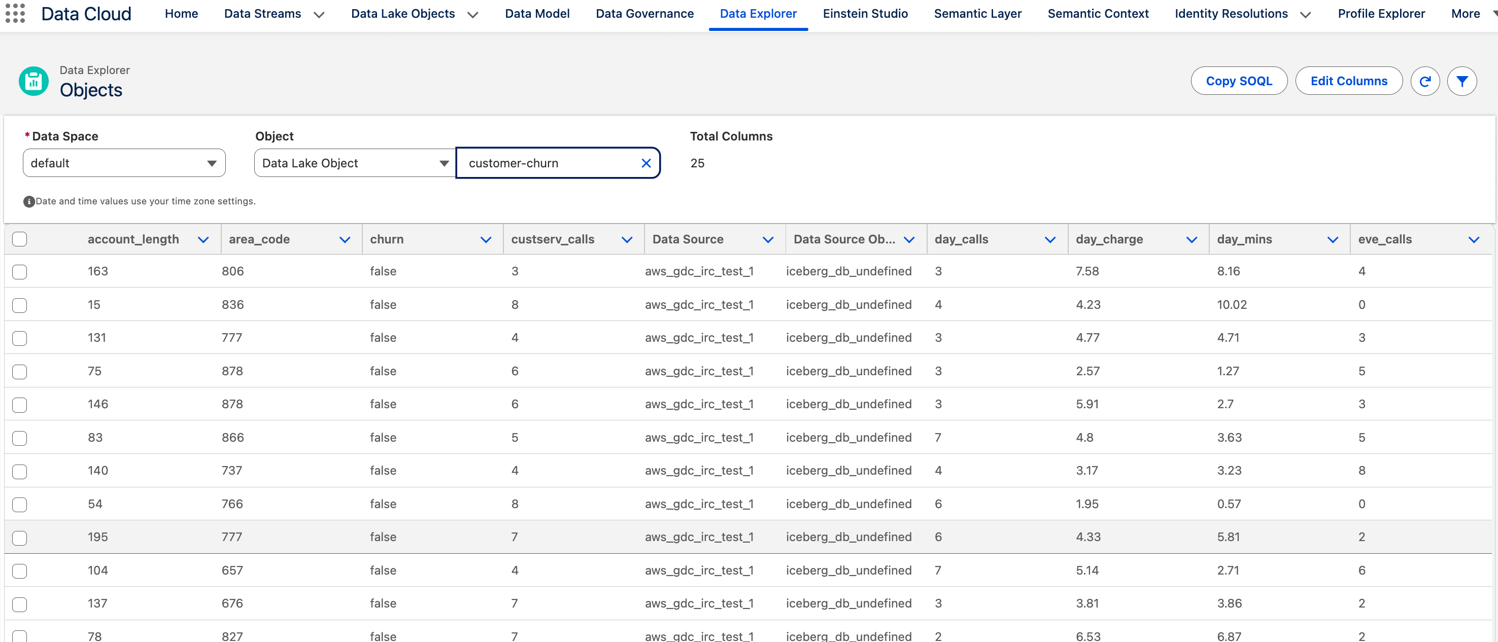 Data Explorer in Salesforce Data Cloud showing Iceberg tables from the external AWS account