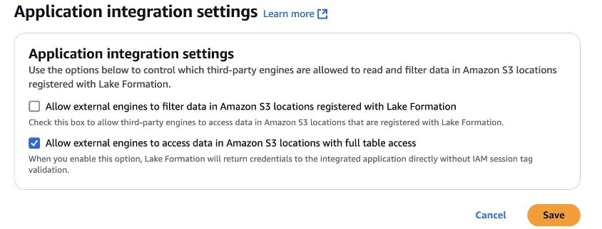Application integration settings page in the Lake Formation console with full table access enabled for external engines