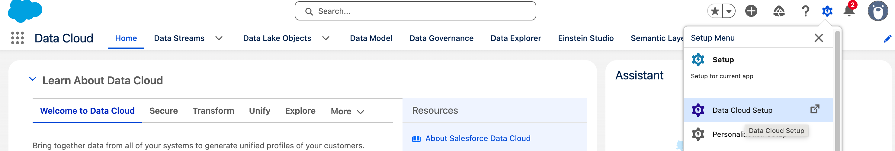 Data Cloud Setup page in Salesforce showing options to configure connections