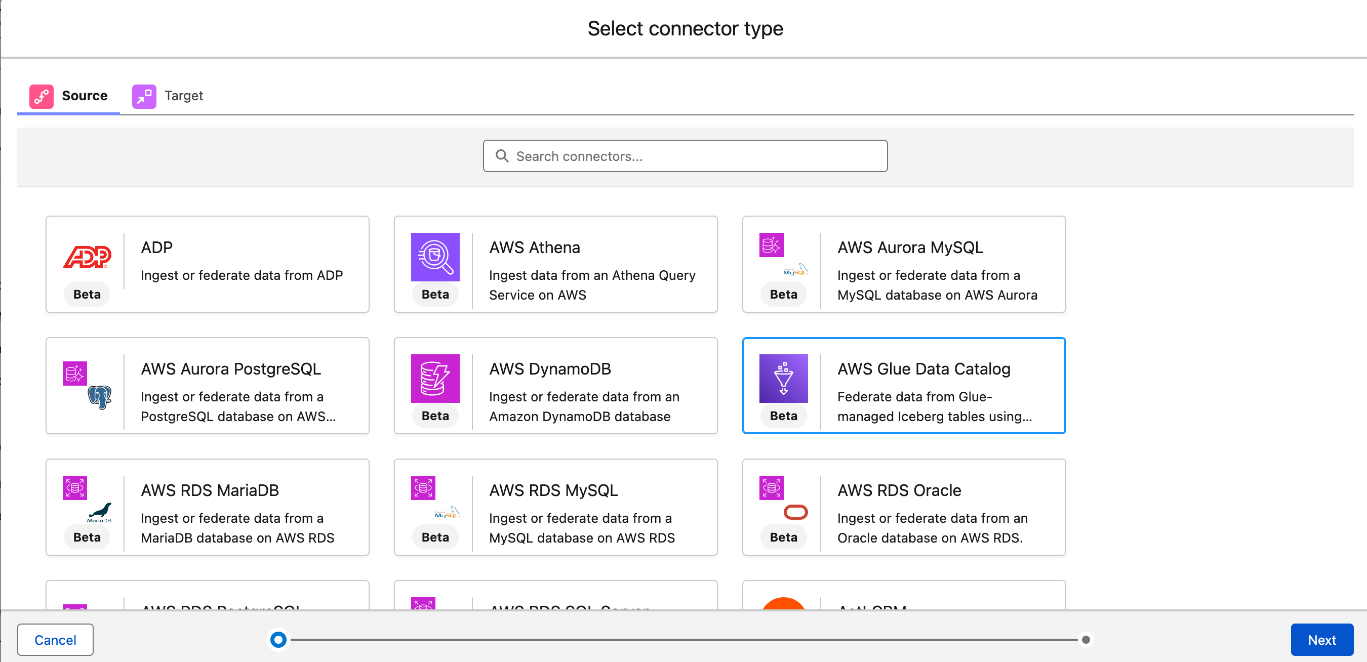 New connector page in Salesforce Data Cloud with AWS Glue Data Catalog selected as the source