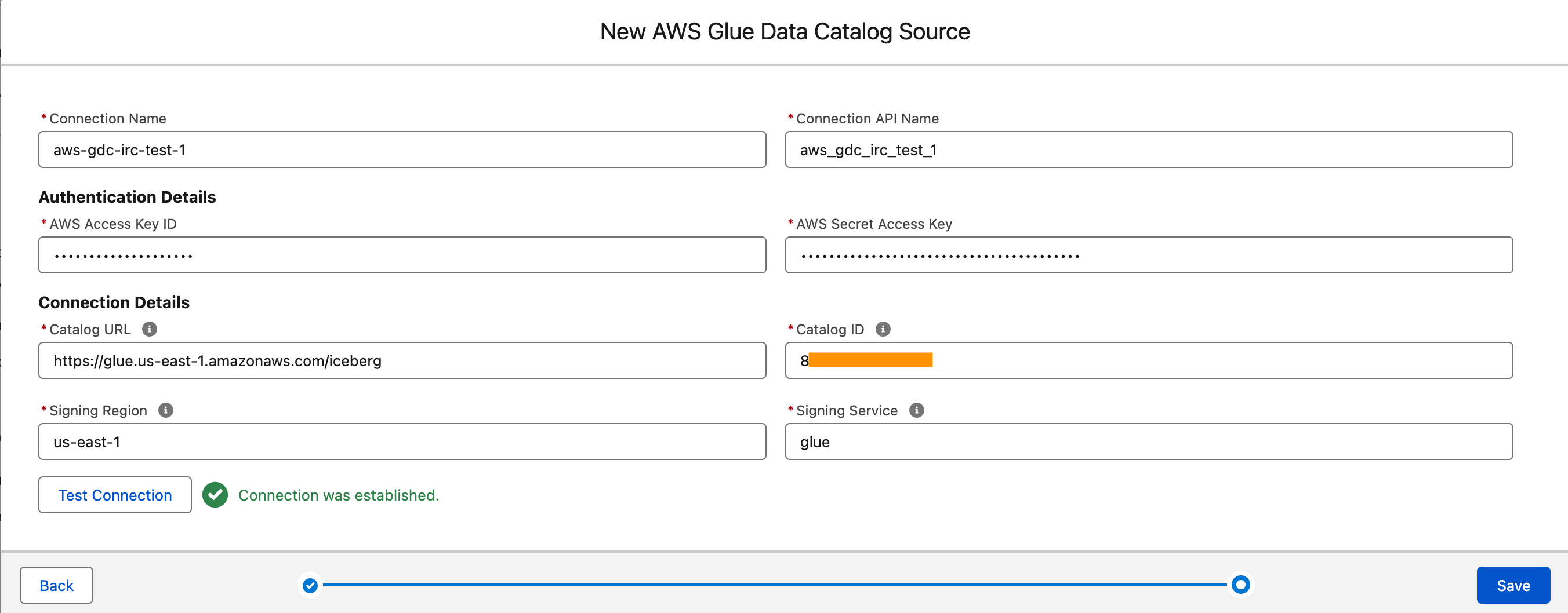 AWS Glue Data Catalog connection configuration form in Salesforce Data Cloud showing authentication details, catalog URL, catalog ID, signing Region, and signing service fields