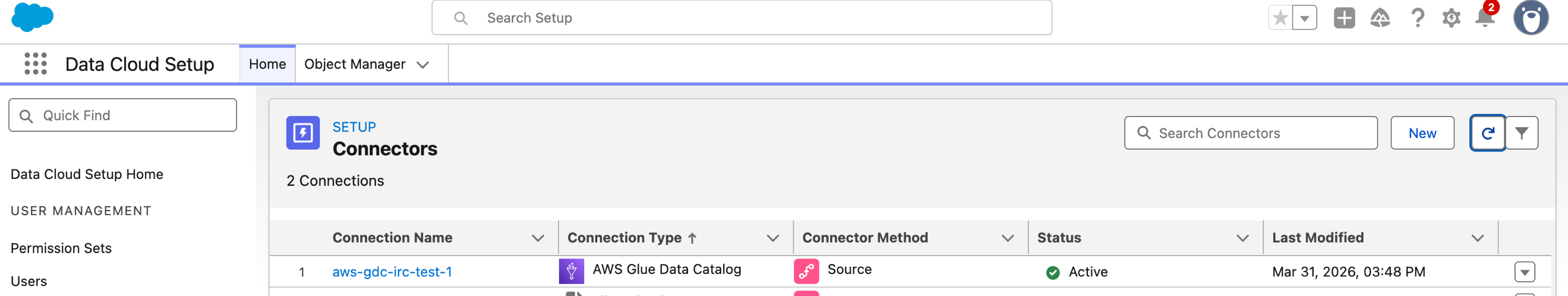 Connectors screen in Salesforce Data Cloud showing the new AWS Glue Data Catalog connection with Active status