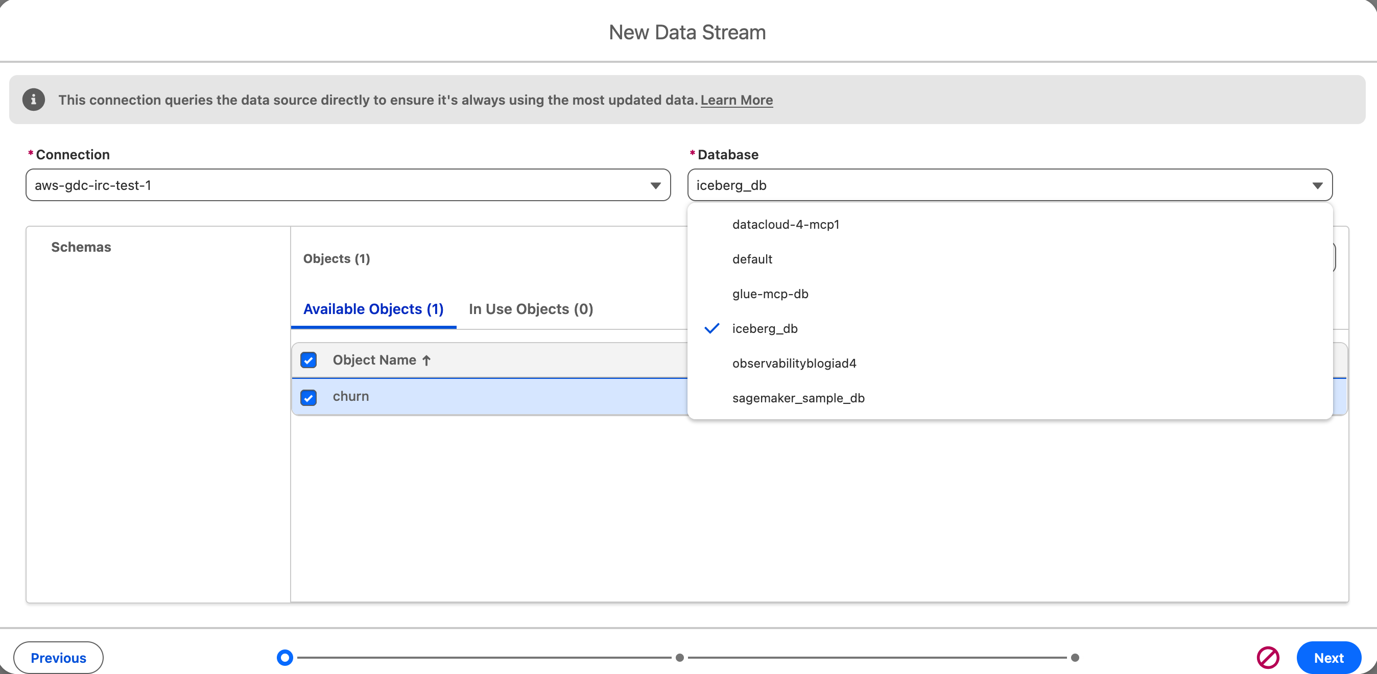 Data stream configuration page showing AWS Glue Data Catalog source with connection, database, and Iceberg table selection menus