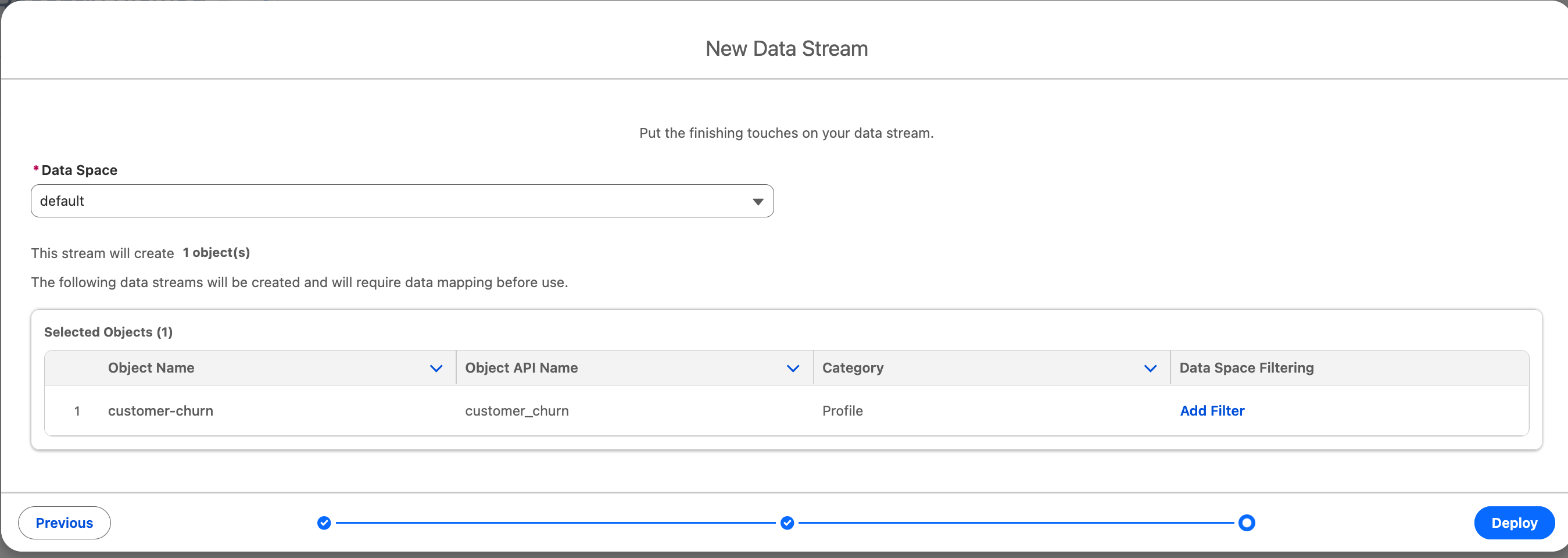 Data stream deployment confirmation page in Salesforce Data Cloud