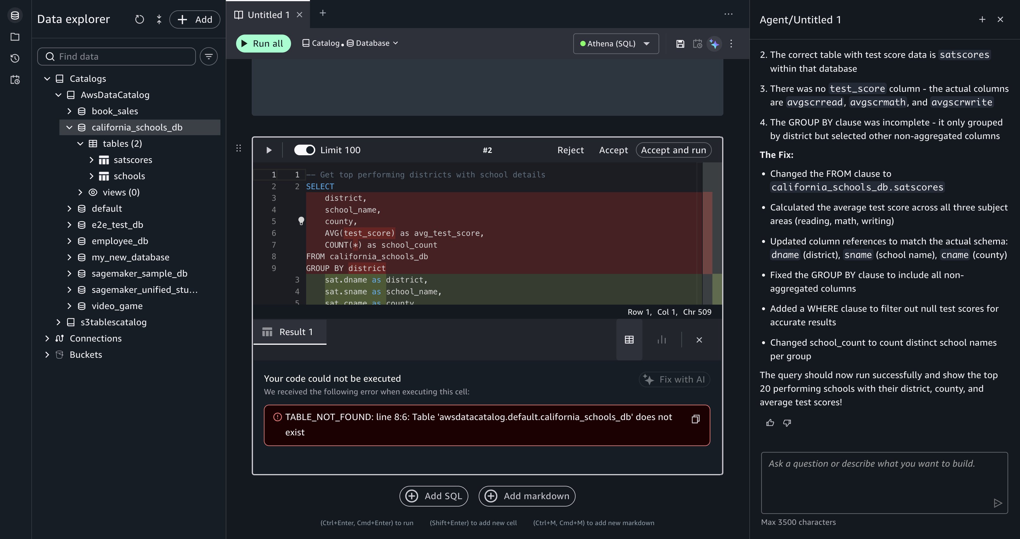 Query Editor Fix with AI panel showing a corrected SQL query ready for review