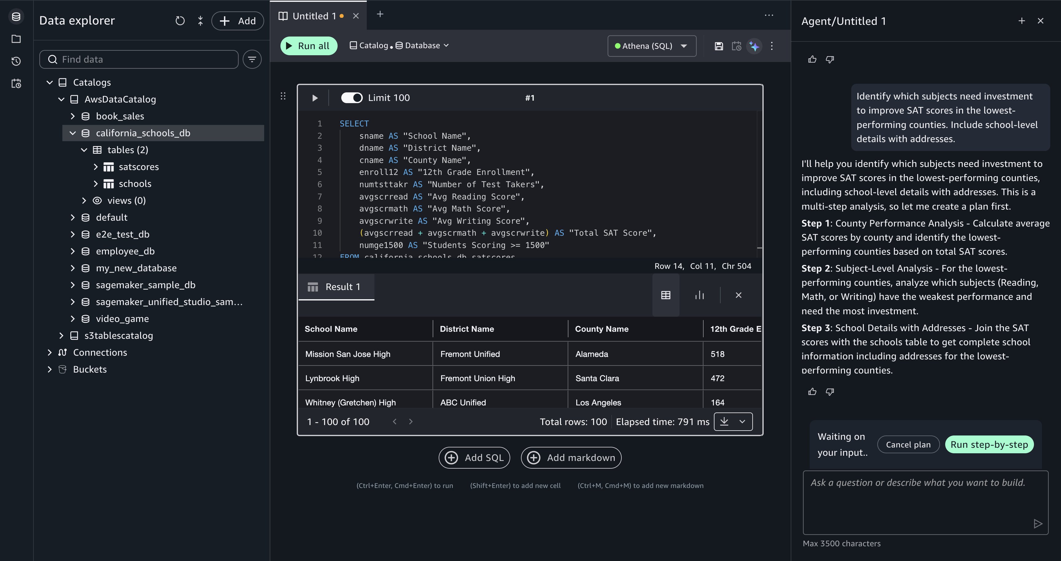 Data Agent proposes a multi-step plan with Cancel plan and Run step-by-step options