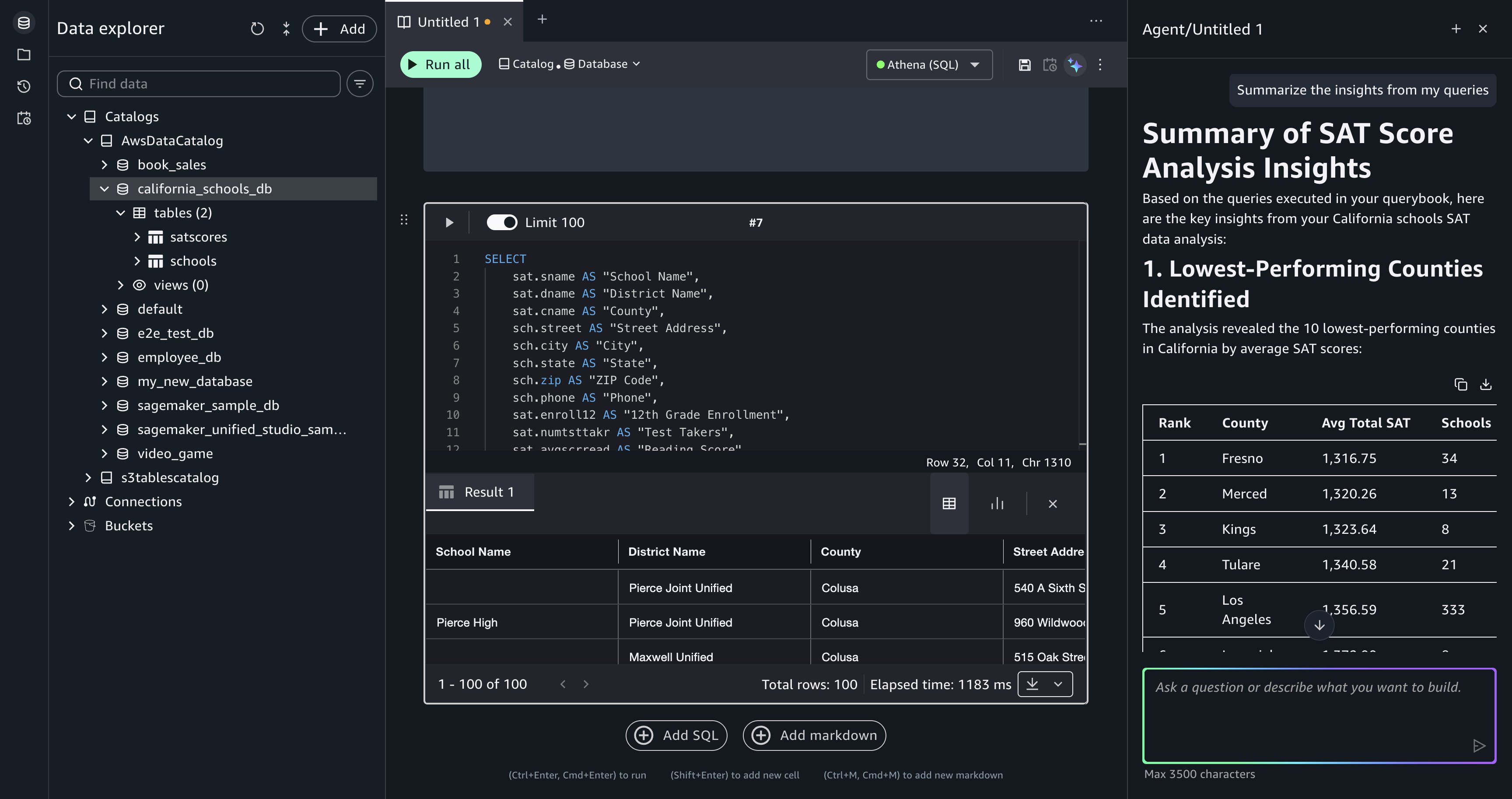 Data Agent summarizes insights from the accumulated query results in the querybook