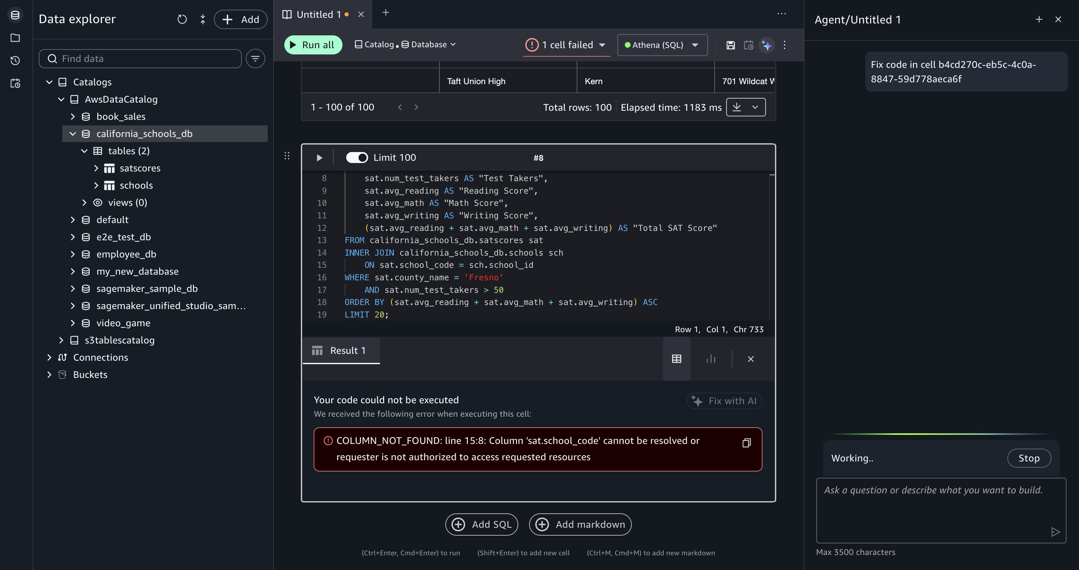 After choosing Fix with AI, Data Agent generates a corrected query for the failed cell