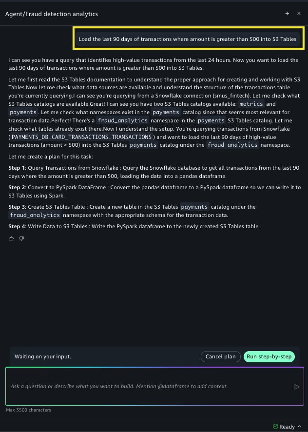 Prompt sent to Data Agent to land Snowflake transactions into an S3 Tables
