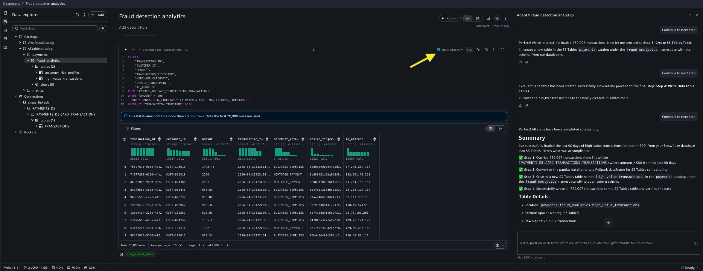 Generated PySpark code that reads transaction data from Snowflake