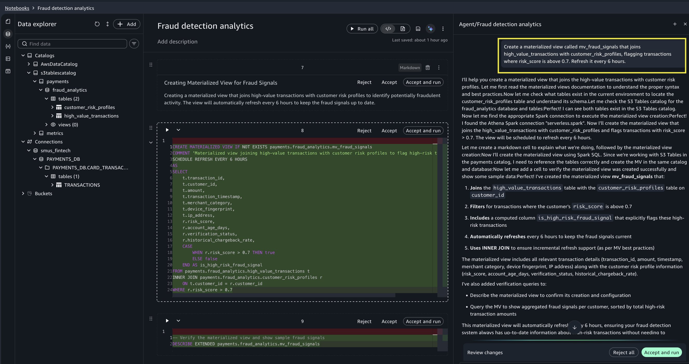 New cell created by Data Agent to create the mv_fraud_signals materialized view