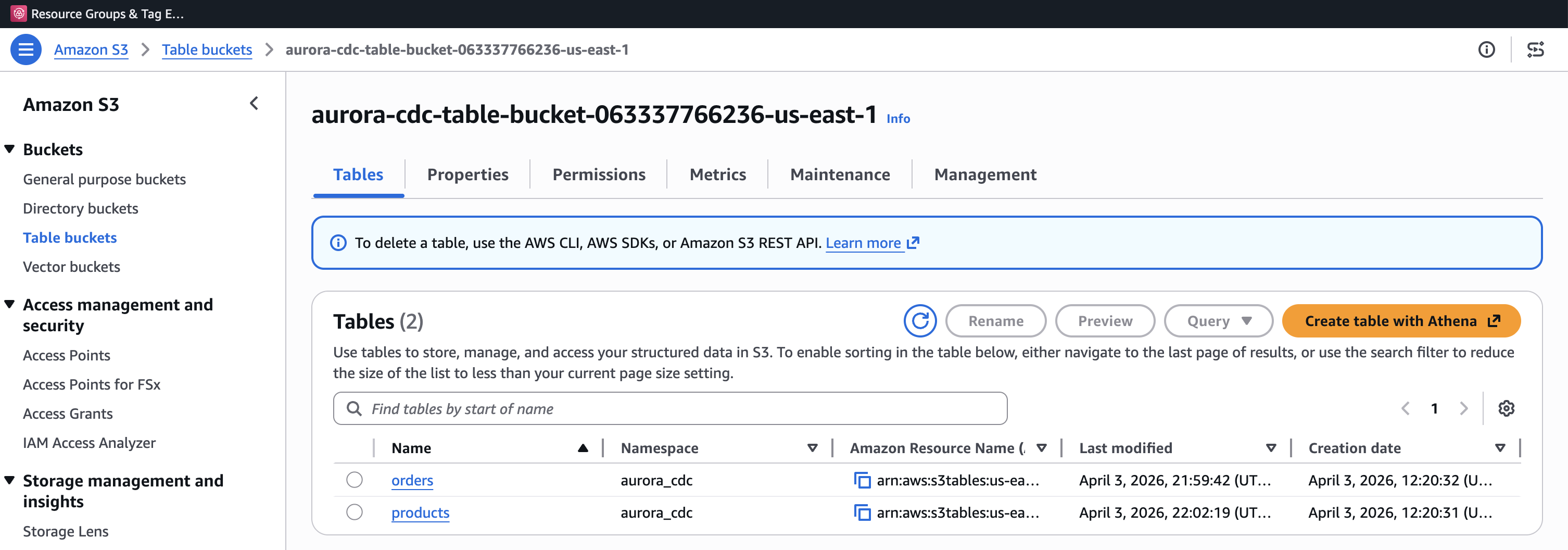 Figure 2. S3 table bucket showing the orders and products Iceberg tables in the aurora_cdc namespace.