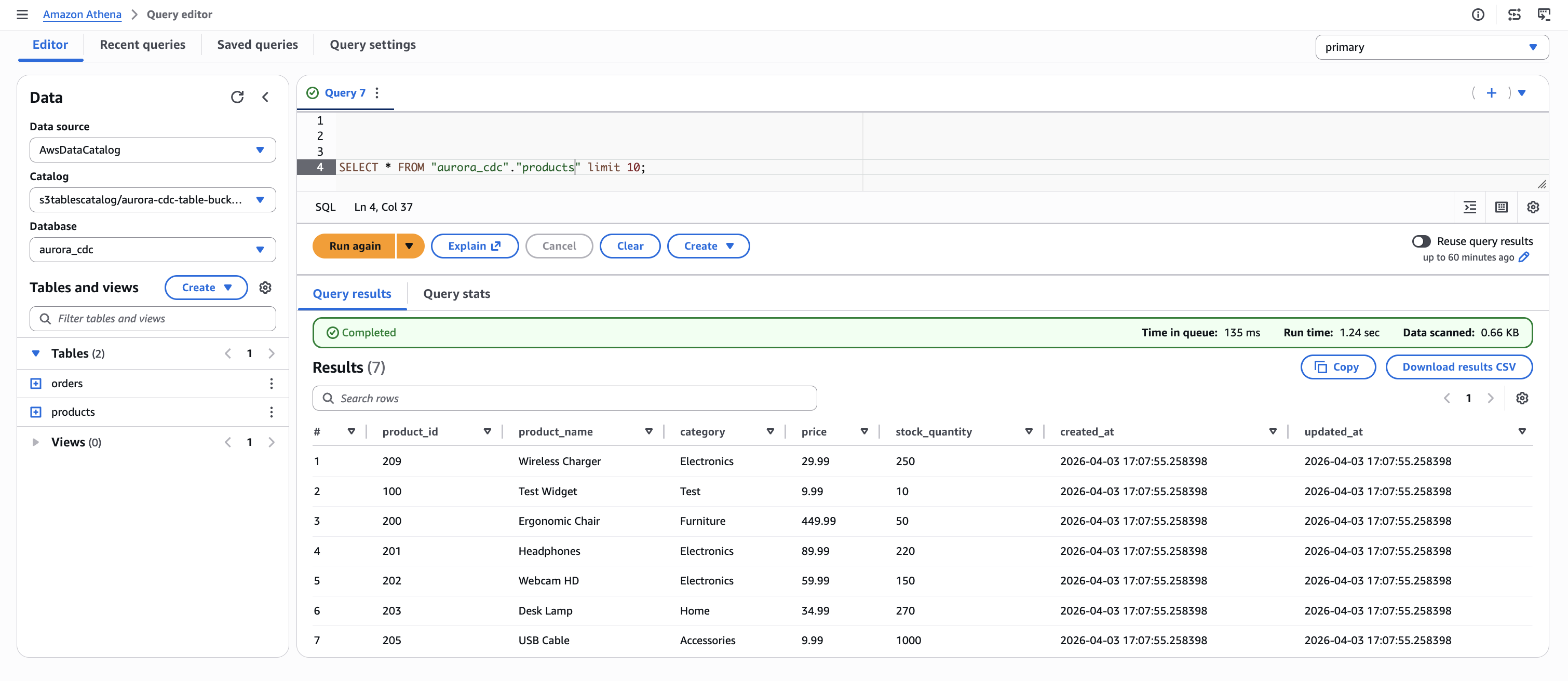 Figure 5. Initial state of the products table in Amazon Athena, showing seven records captured from Aurora PostgreSQL through the CDC pipeline.