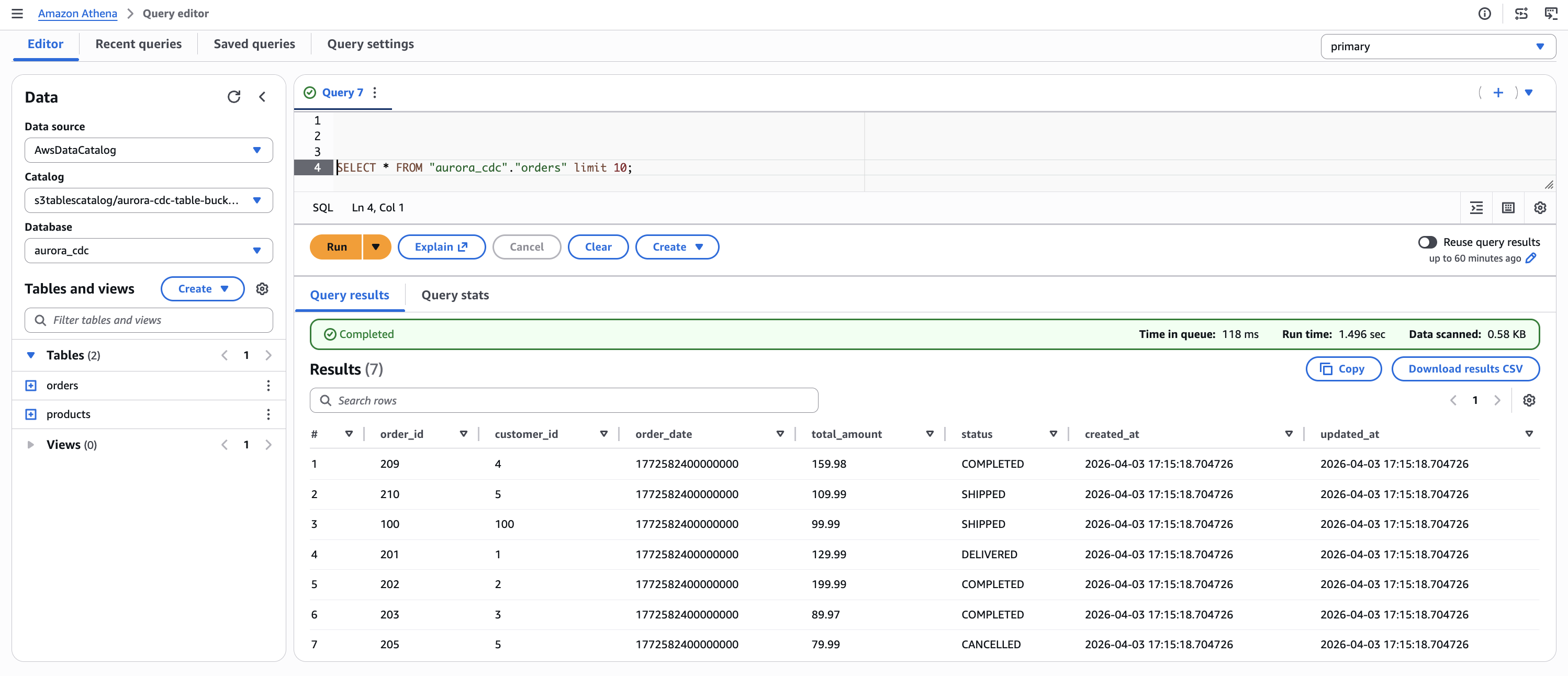 Figure 6. Initial state of the orders table in Amazon Athena, showing seven records captured from Aurora PostgreSQL through the CDC pipeline.