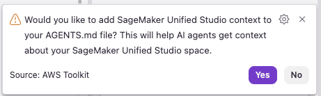 SageMaker Unified Studio popup offering to create AGENTS.md and smus-context.md steering files