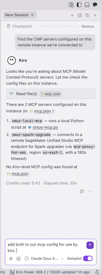 Kiro chat panel showing the agent discovering and configuring SageMaker Unified Studio MCP servers