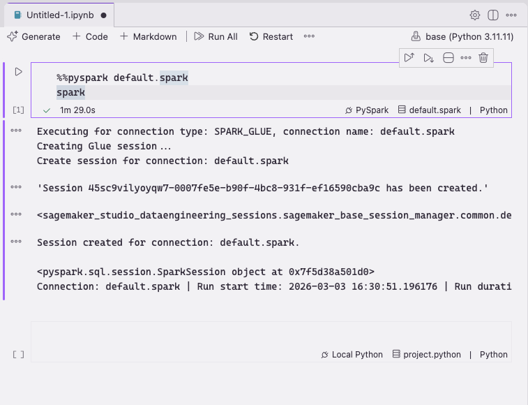 AWS Glue provisioning a PySpark session in a Jupyter notebook in Kiro
