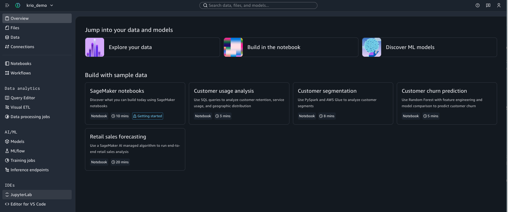 SageMaker Unified Studio portal showing the Spaces list for a project