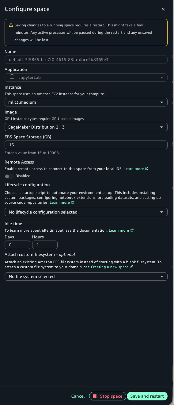Configure Space dialog with the instance type selector open and ml.t3.large highlighted
