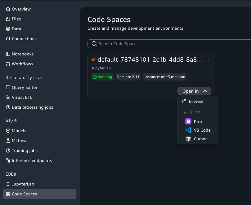Code Spaces list with the Open in menu showing options for Kiro, VS Code, and Cursor