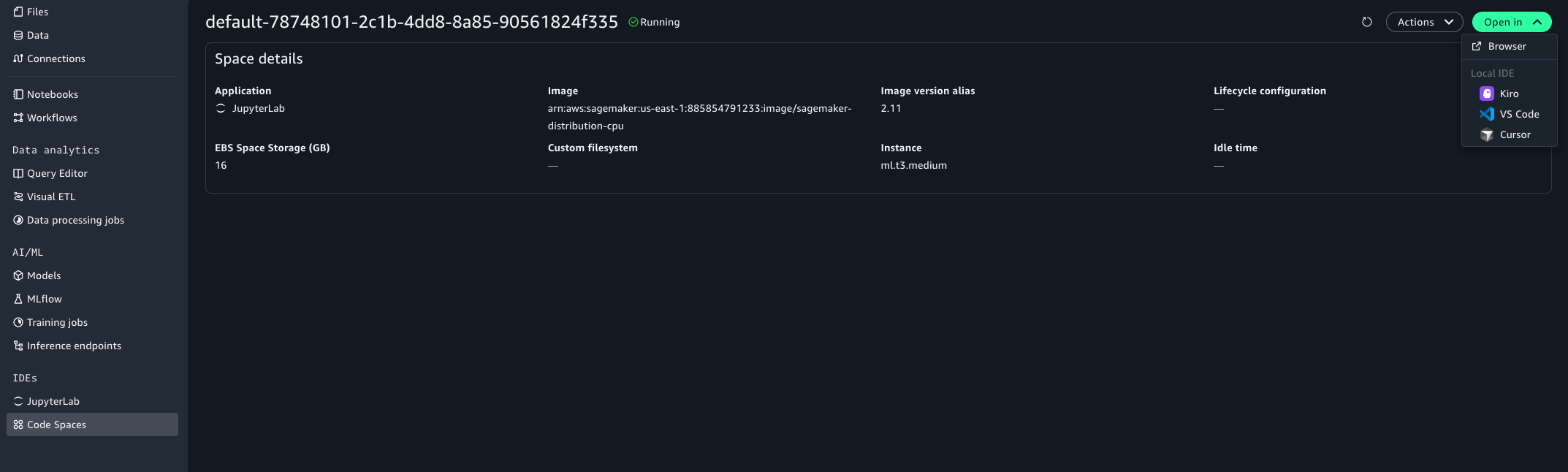 Space details page with the Open in menu expanded