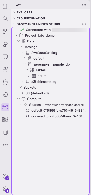 Kiro sidebar with the data catalog tree and S3 buckets expanded under the project