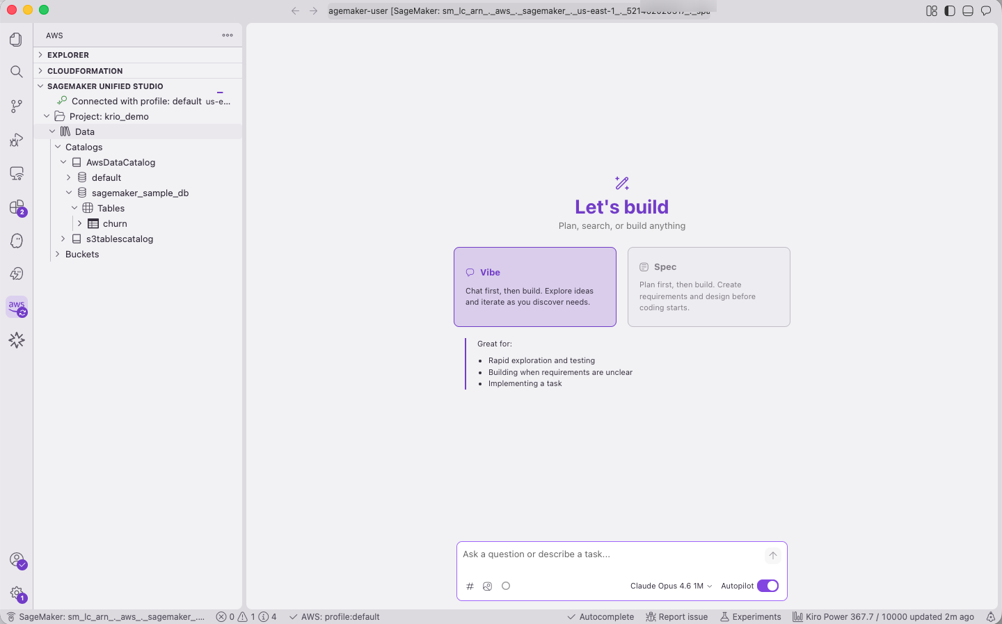 Kiro window connected to a SageMaker Unified Studio Space with the AWS Toolkit panel active