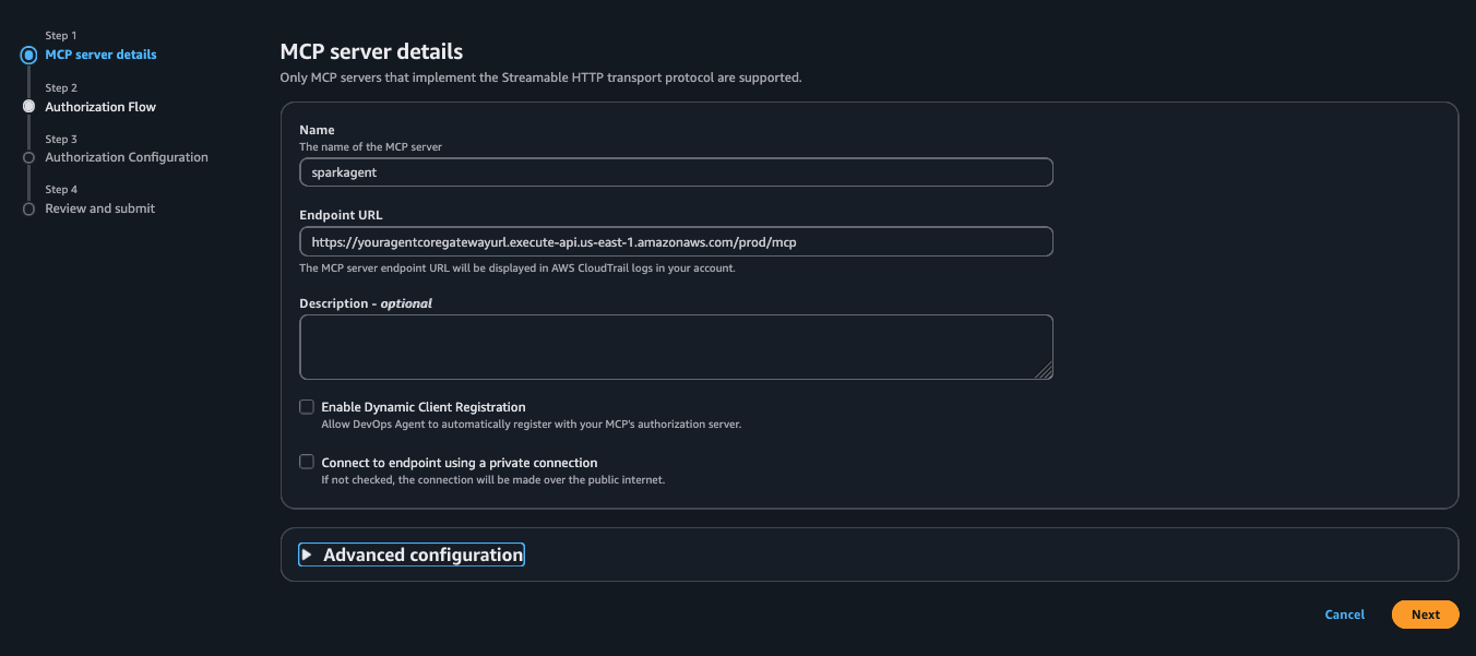 Registration page for the Apache Spark Troubleshooting MCP Server in the AWS DevOps Agent console, showing endpoint URL and description fields