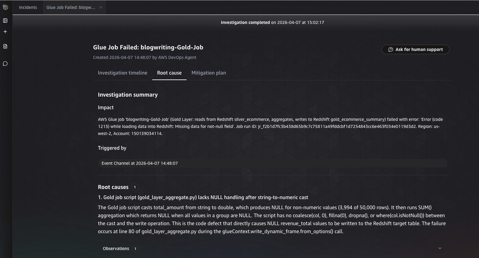 Root cause analysis from AWS DevOps Agent showing the gold layer write error traced back to silver layer data corruption