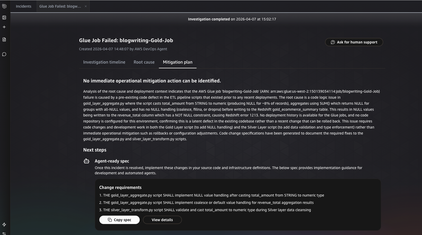 Mitigation plan from AWS DevOps Agent listing remediation steps to fix the silver layer data corruption and prevent recurrence