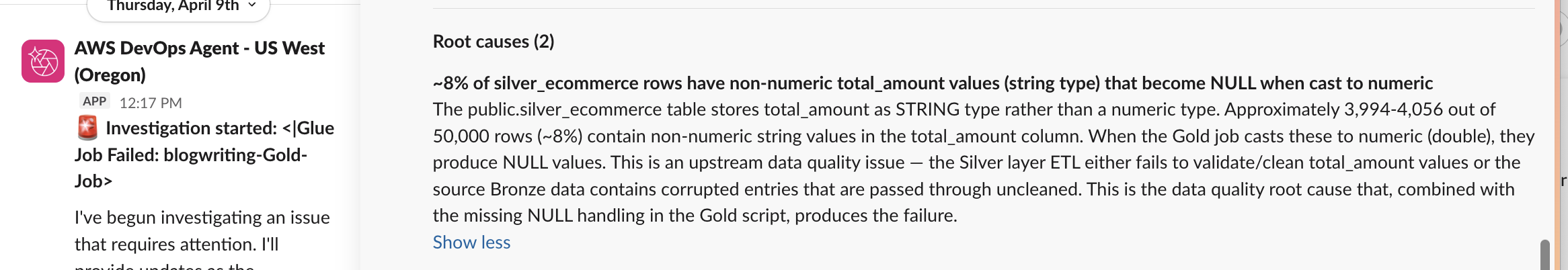 Slack channel showing the AWS DevOps Agent investigation summary with root cause identification and upstream data lineage trace