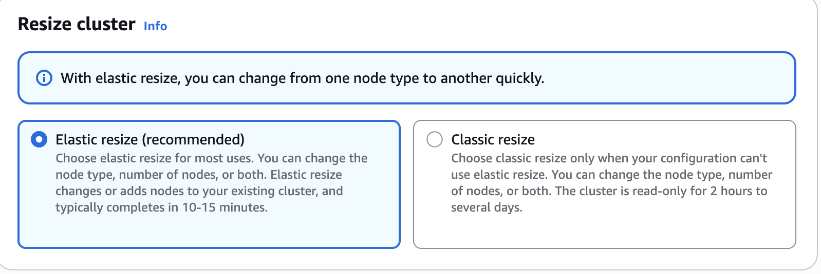Resize cluster console showing Elastic resize selected as the resize type