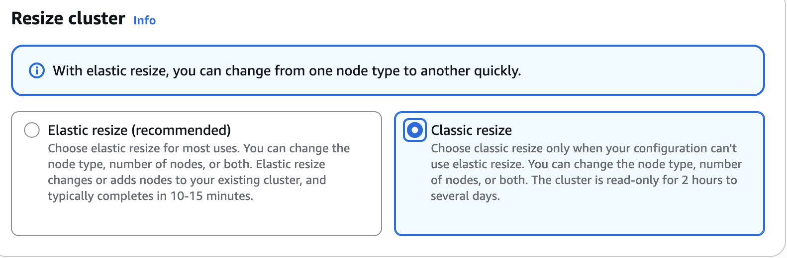 Resize cluster console showing Classic resize selected as the resize type