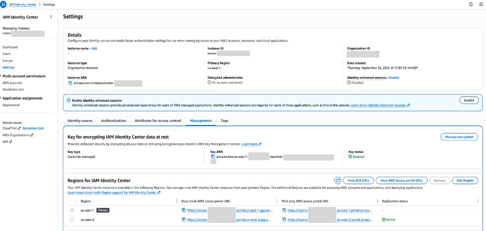 IAM Identity Center Settings page with the multi-Region replica key added for us-west-2 and replication status set to Replicated