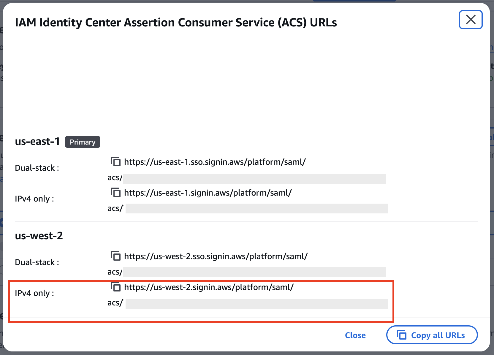 IAM Identity Center settings page listing the ACS URLs for both Regions