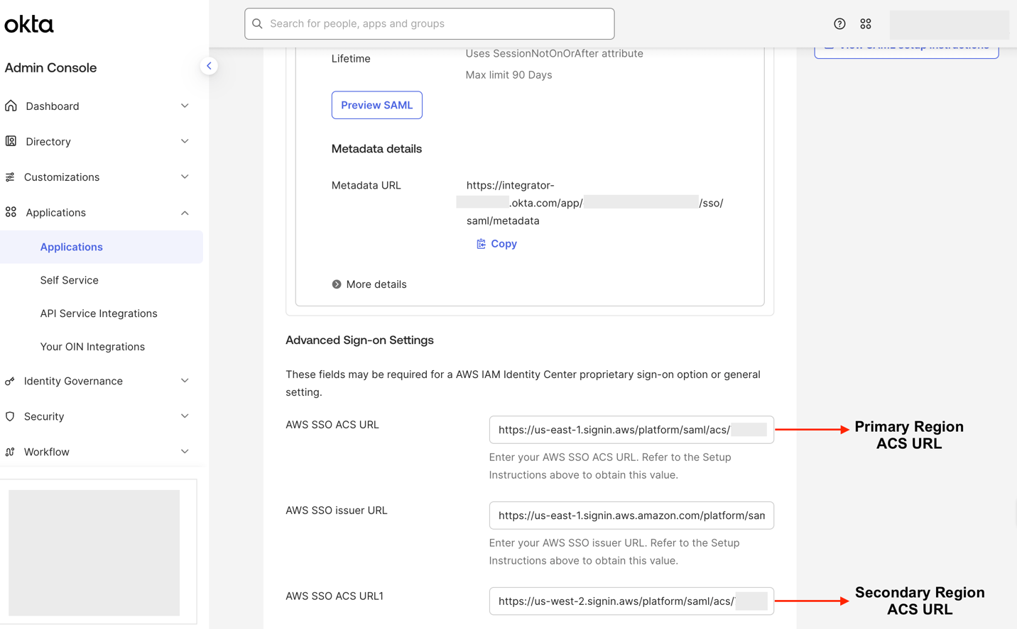 Okta application Sign-on tab with the AWS SSO ACS URL1 box configured for the IAM Identity Center application