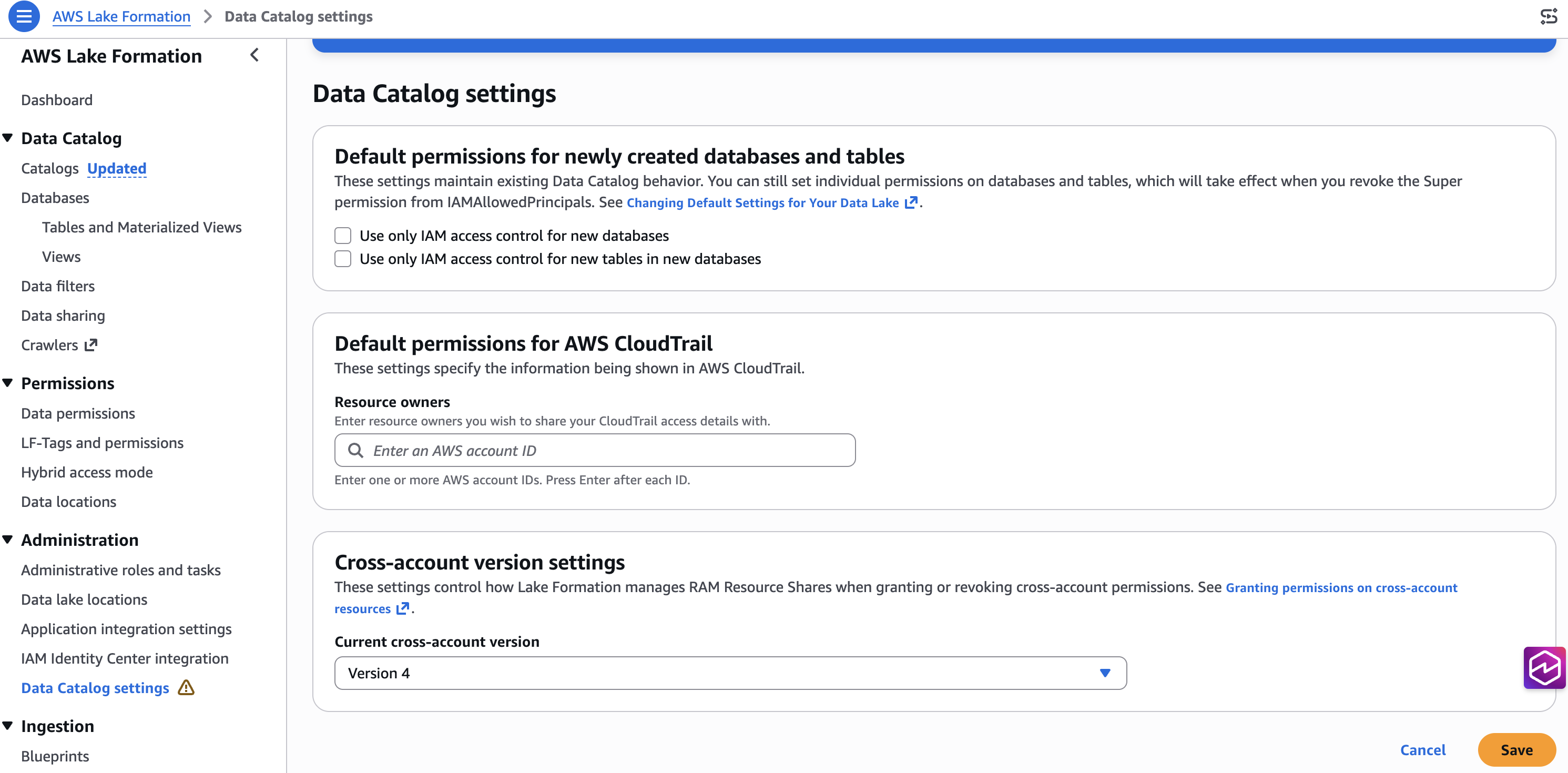 Lake Formation Data Catalog settings page with both default IAM access control options cleared