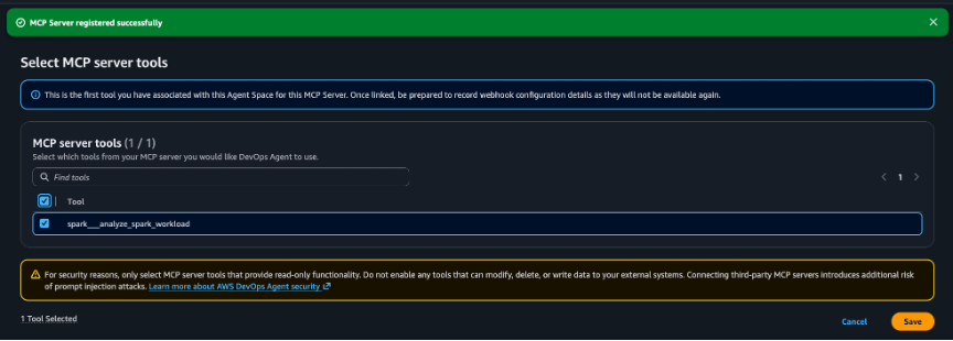 Selecting the tool within the AWS Managed Apache Spark Troubleshooting MCP server
