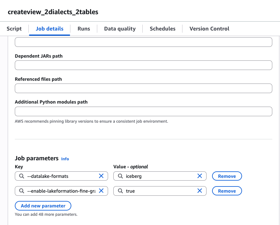 AWS Glue ETL job configuration page showing the additional job parameters set for the multi-dialect view creation script
