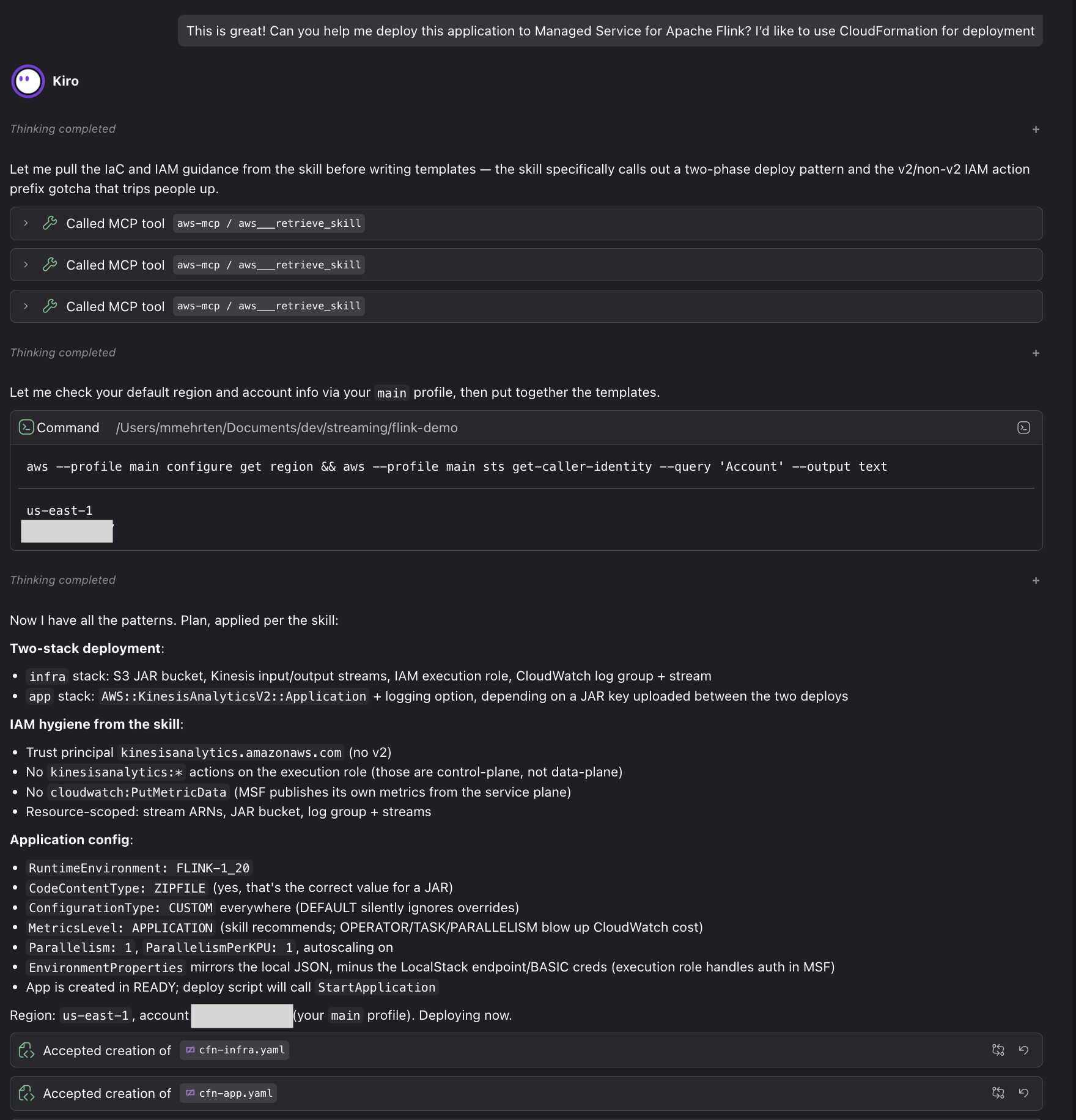 Kiro conversation summarizing creation of CloudFormation deployment resources