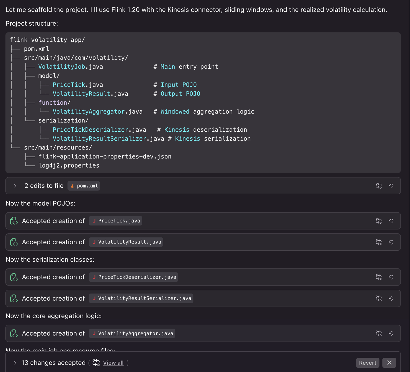 Generated project structure with Flink dependencies and Kinesis connectors
