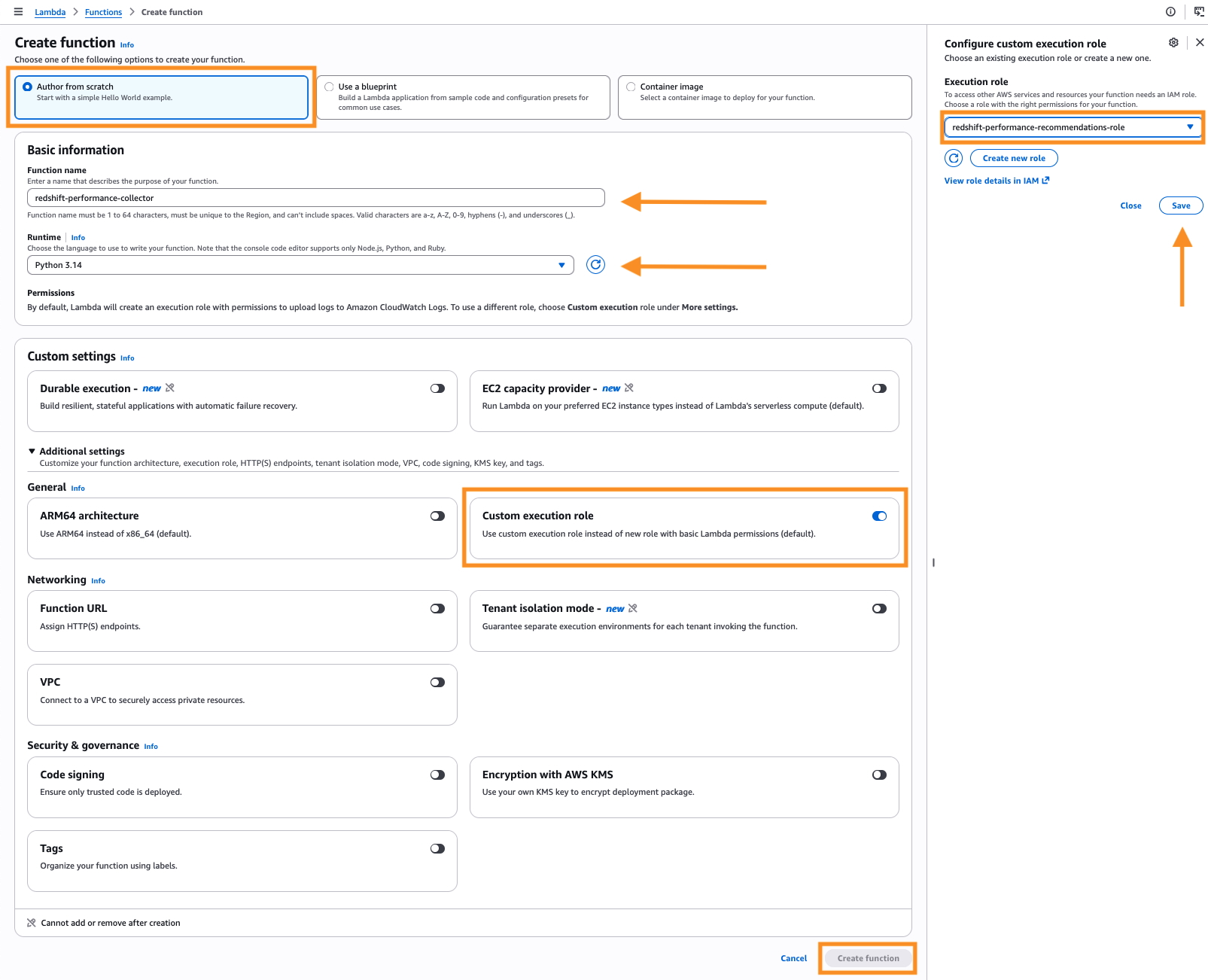 AWS Lambda “Create function” console page with the “Configure custom execution role” panel open on the right. “Author from scratch” is selected, the function name is “redshift-performance-collector,” and the runtime is Python 3.14. Under Additional settings, the “Custom execution role” toggle is enabled, and the execution role list is set to “redshift-performance-recommendations-role.” Annotation highlights mark the Author from scratch option, function name, runtime, custom execution role toggle, the selected role, the Save button, and the “Create function” button.