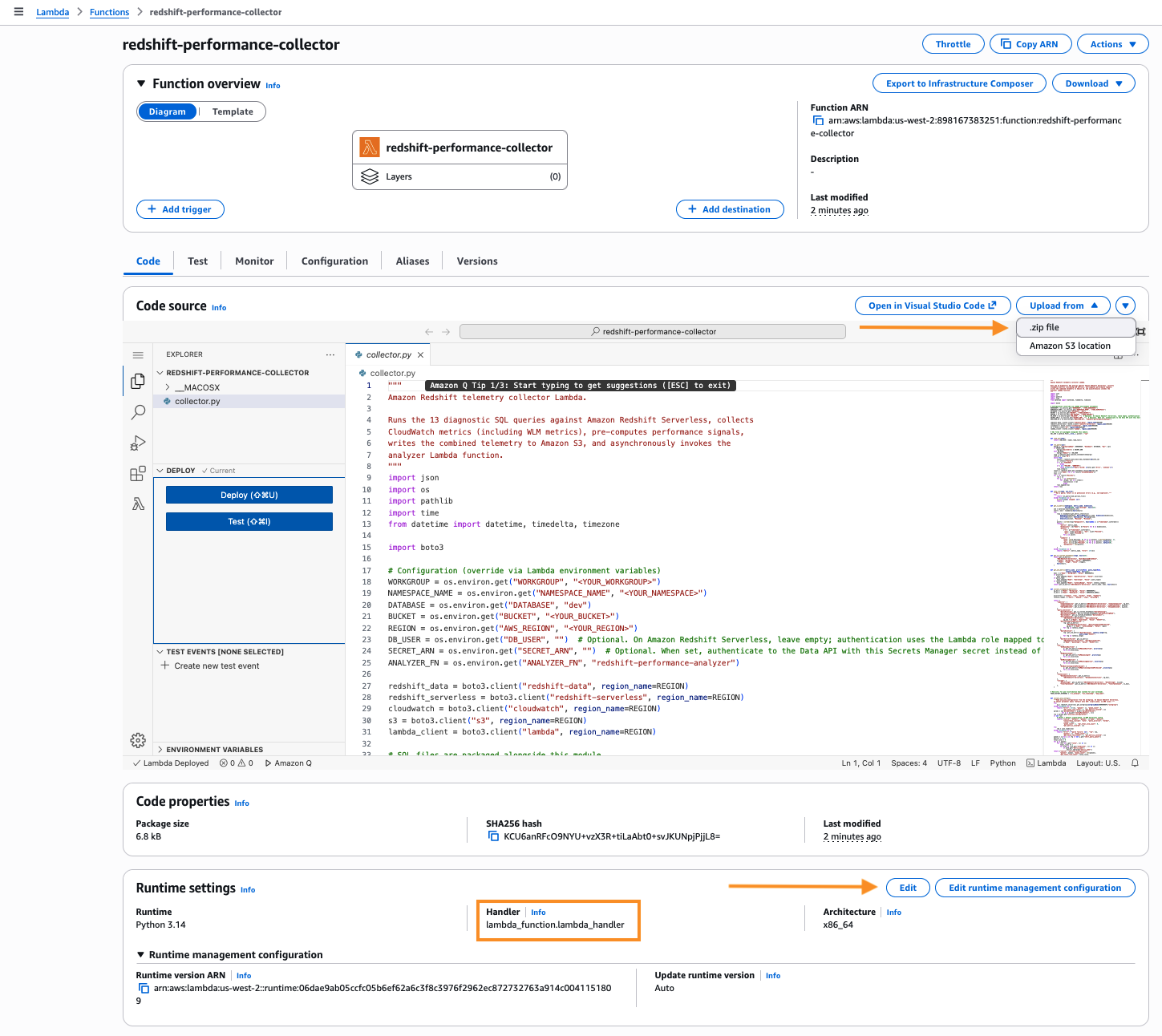 Lambda console for the “redshift-performance-collector” function, Code tab. The code editor shows collector.py — a Python file that runs diagnostic SQL queries against Amazon Redshift Serverless, collects CloudWatch metrics, writes telemetry to Amazon S3, and invokes the analyzer Lambda. The Runtime settings section below shows the Handler highlighted as “lambda_function.lambda_handler,” with an arrow pointing to the Edit button and the “Upload from .zip file” option highlighted.