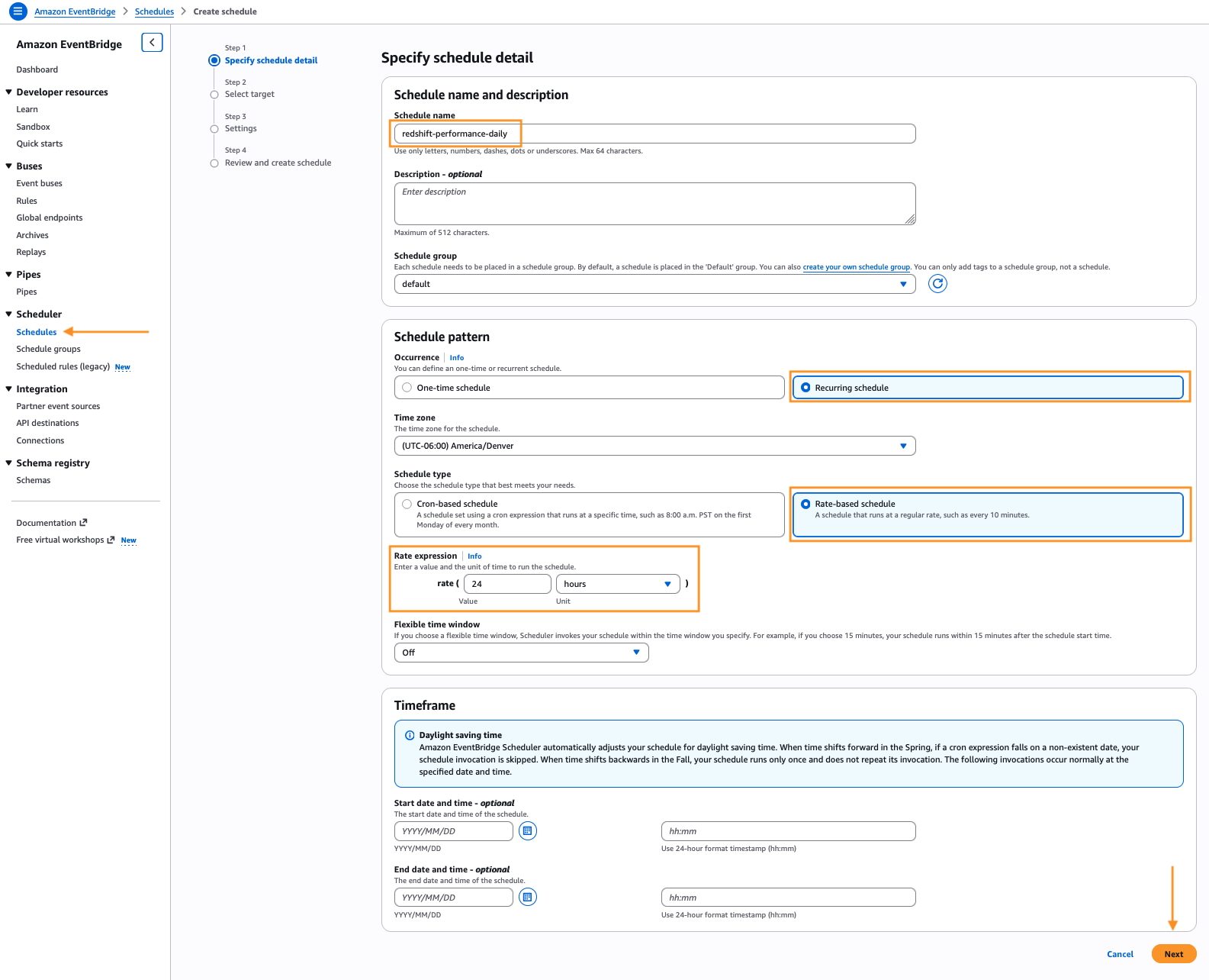 Amazon EventBridge Scheduler “Create schedule” page, Step 1: Specify schedule detail. The schedule name is “redshift-performance-daily.” Under Schedule pattern, “Recurring schedule” and “Rate-based schedule” are selected, with a rate expression of 24 hours, and the time zone set to (UTC-06:00) America/Denver. Annotation highlights mark the Schedules nav item, the recurring/rate-based selections, the rate expression, and the Next button.