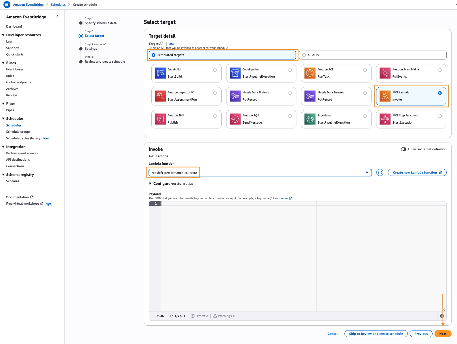 EventBridge Scheduler “Create schedule” page, Step 2: Select target. “Templated targets” is selected and the AWS Lambda “Invoke” target is chosen from the grid of target options. In the Invoke section, the Lambda function list is set to “redshift-performance-collector” with an empty JSON payload. Annotation highlights mark the Templated targets toggle, the AWS Lambda Invoke target, the selected function, and the Next button.