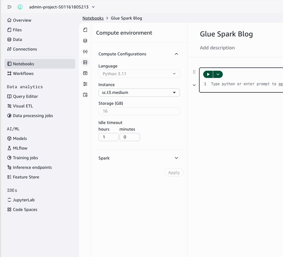 Compute environment panel in SageMaker Unified Studio with the Spark section expanded