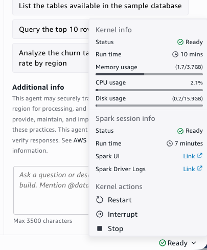 Notebook status bar Ready button that opens the Spark UI and Spark Driver Logs links
