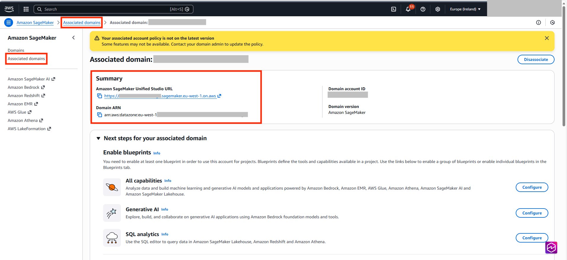 Amazon SageMaker Unified Studio associated domain sign-in page