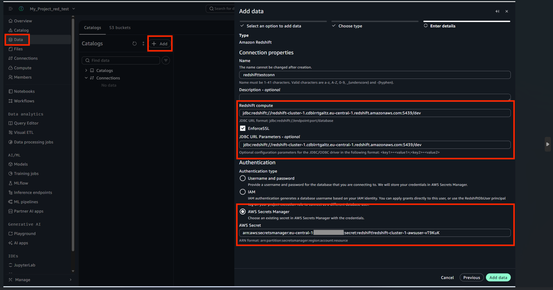 Add an Amazon Redshift connection form in Amazon SageMaker Unified Studio