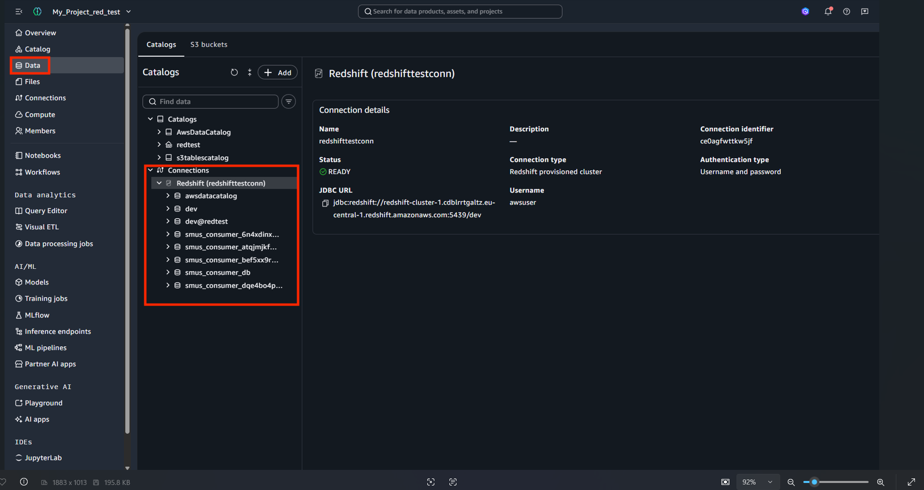 Newly created Amazon Redshift connection listed in Amazon SageMaker Unified Studio